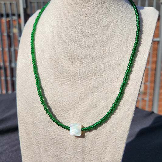 mother of pearl green glass beaded necklace