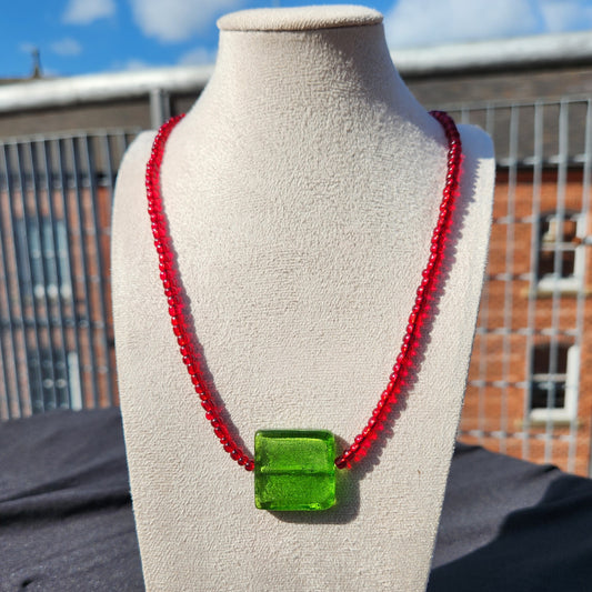 red and green glass upcycled beaded necklace