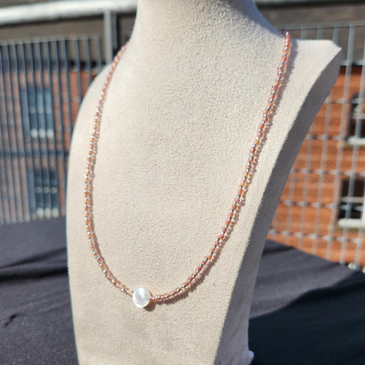 mother of pearl peach glass beaded necklace