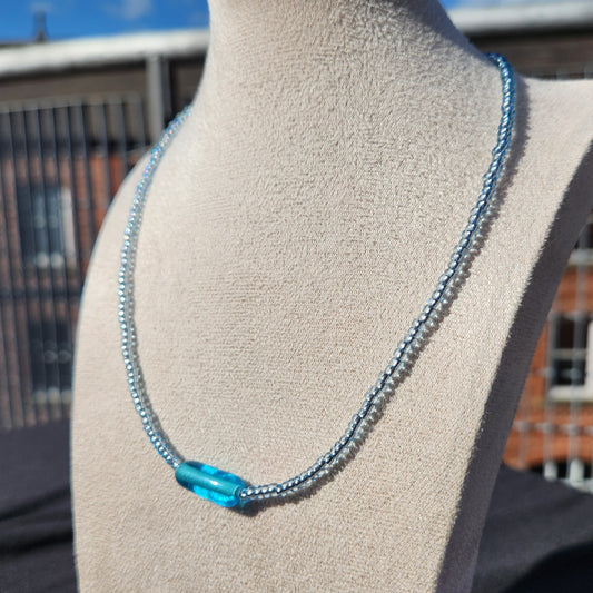 blue glass upcycled beaded necklace