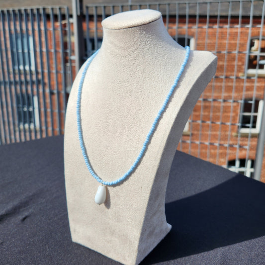 blue and white upcycled glass beaded necklace