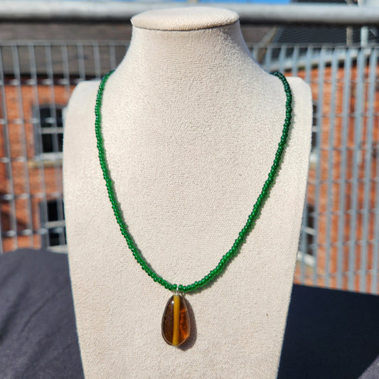green and brown upcycled glass beaded necklace