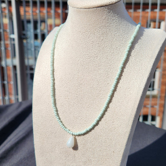 white and pale green upcycled glass beaded necklaces