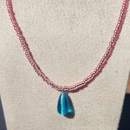pink and blue upcycled glass beaded necklace