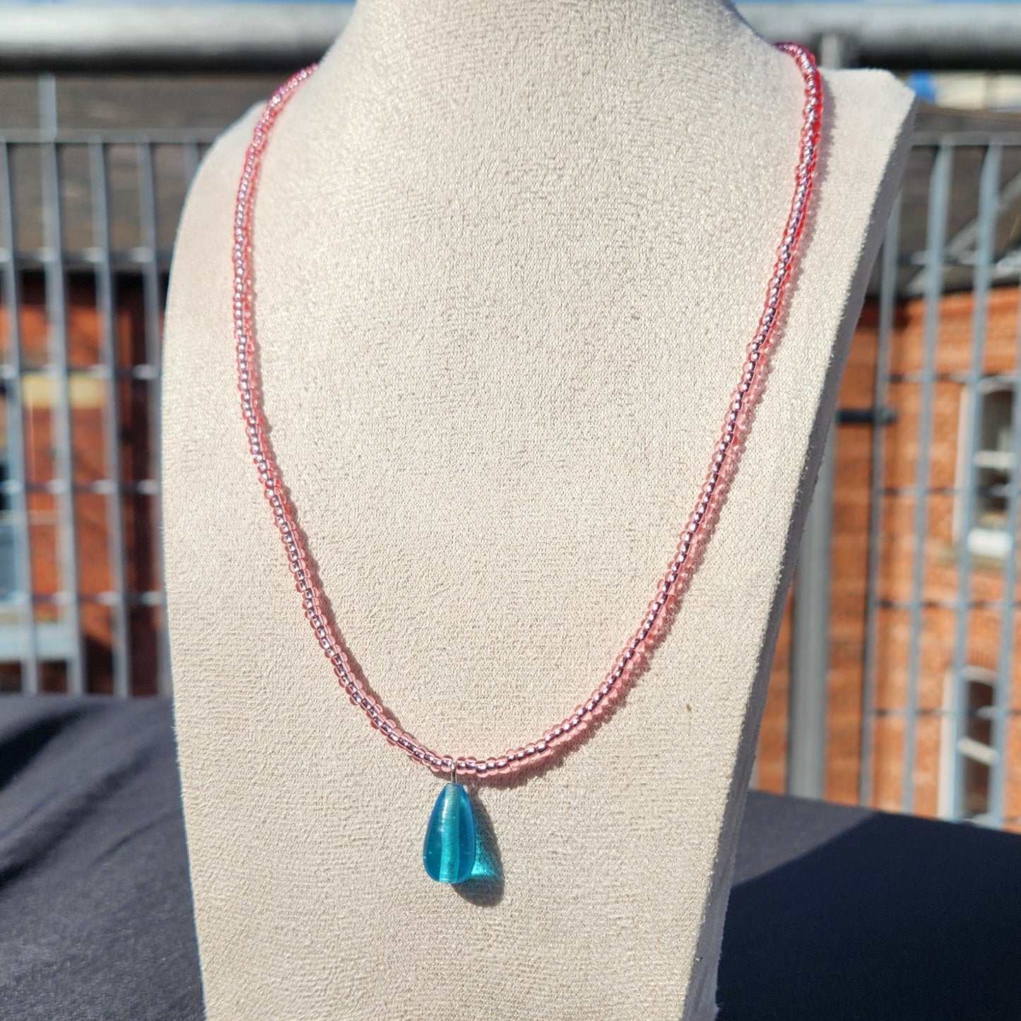 pink and blue upcycled glass beaded necklace