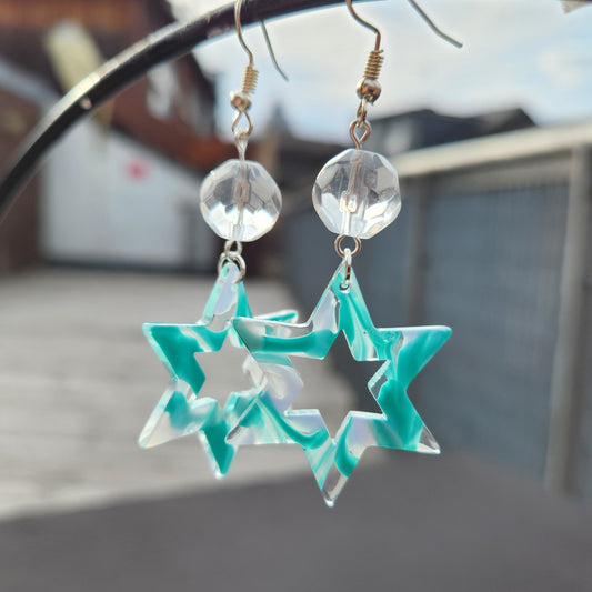 blue star of david clear bead silver earrings