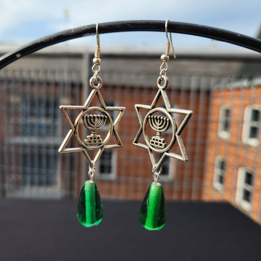 green upcycled glass silver star of david earrings