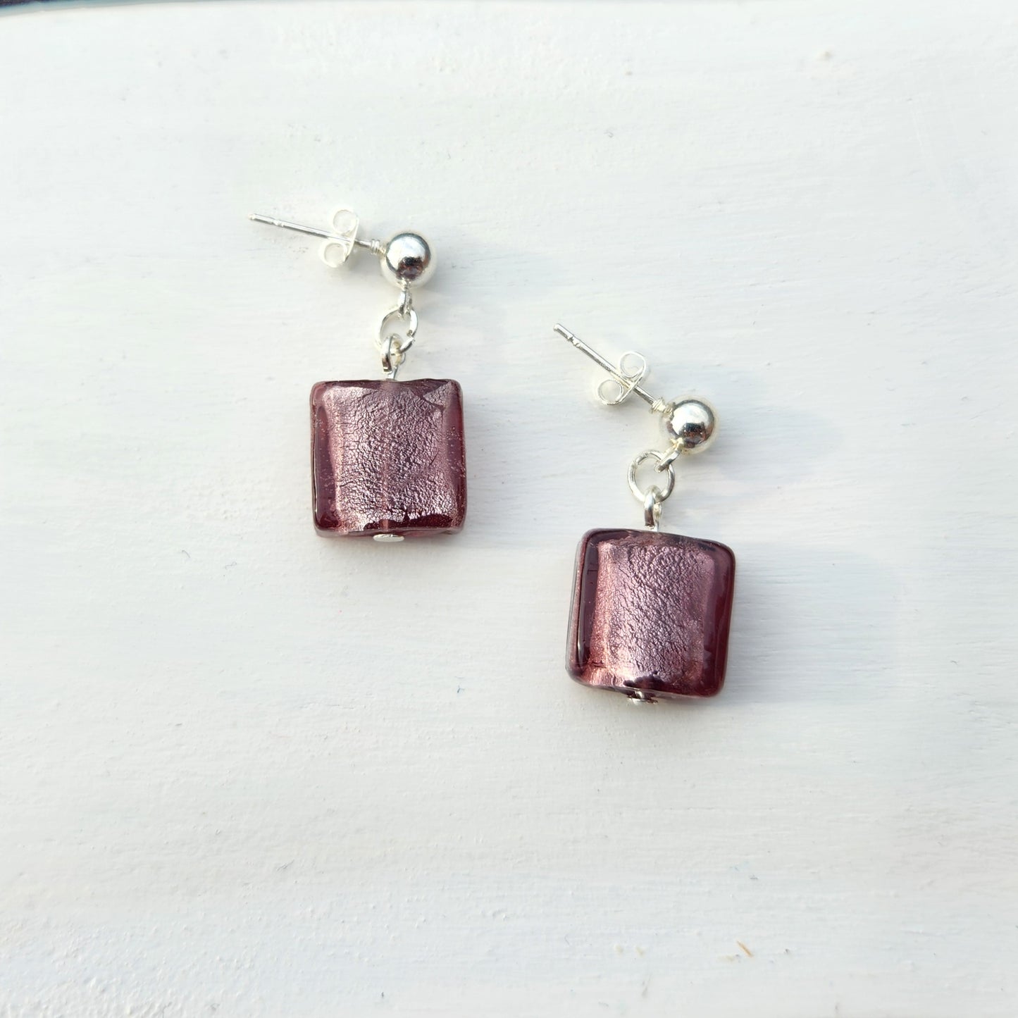 upcycled purple glass bead silver stud earrings