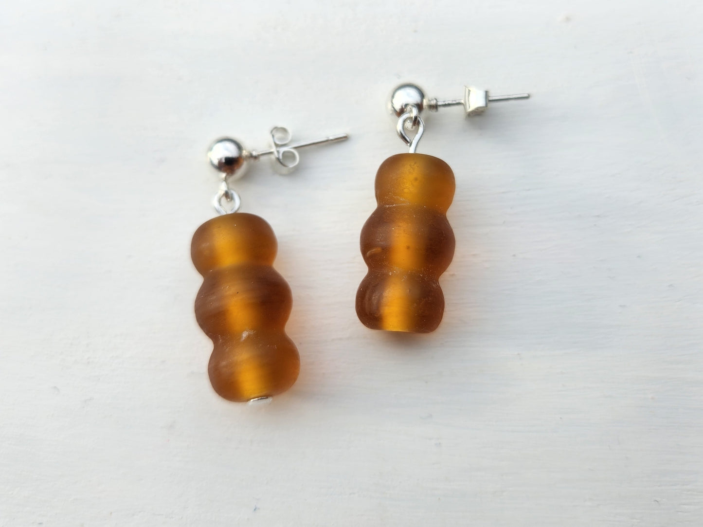 upcycled brown glass bead silver stud earrings