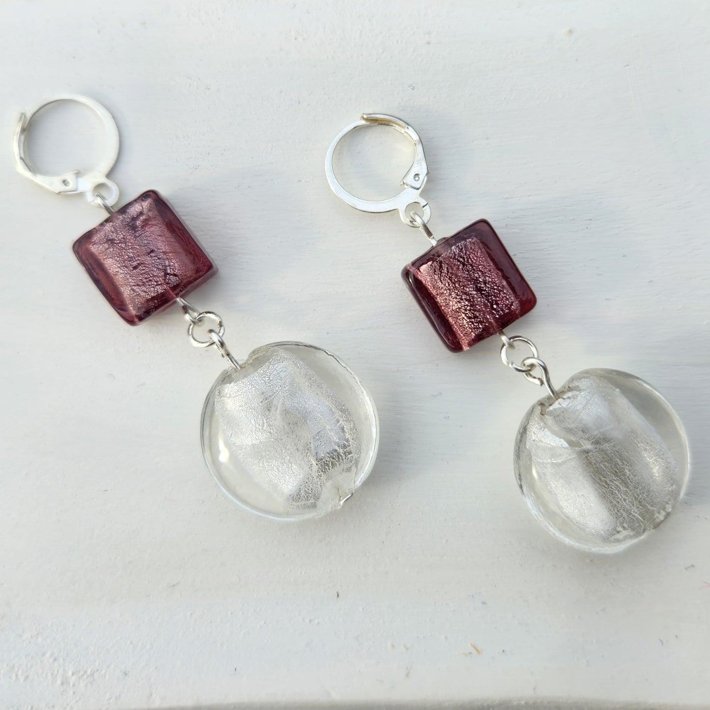 purple and white upcycled glass silver huggie earrings