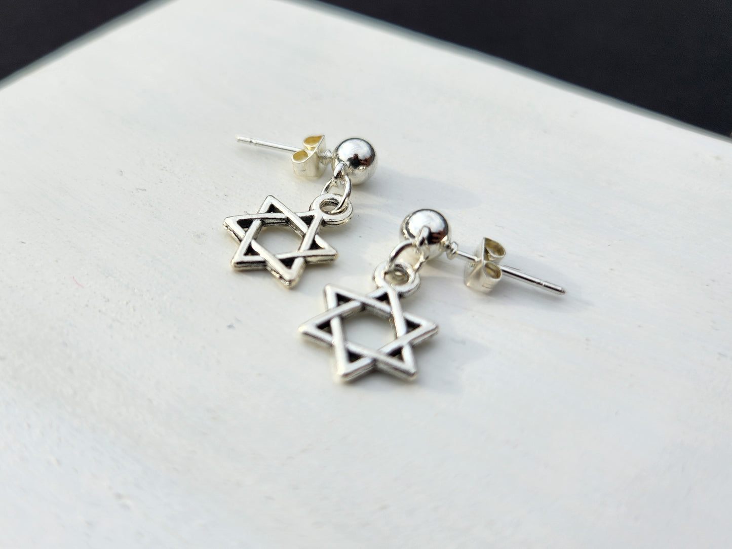 tiny silver star of david dangle stud earrings