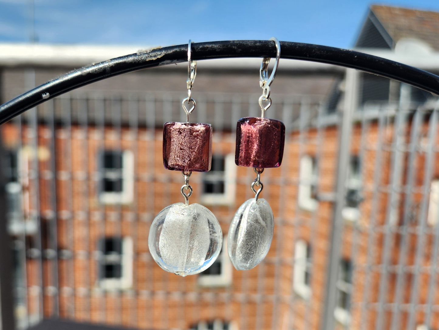 purple and white upcycled glass silver huggie earrings