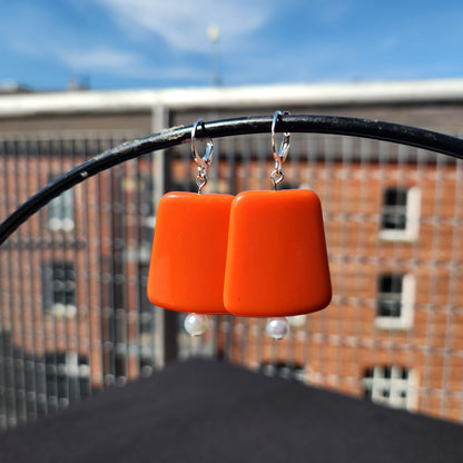 upcycled orange pearl silver huggie earrings