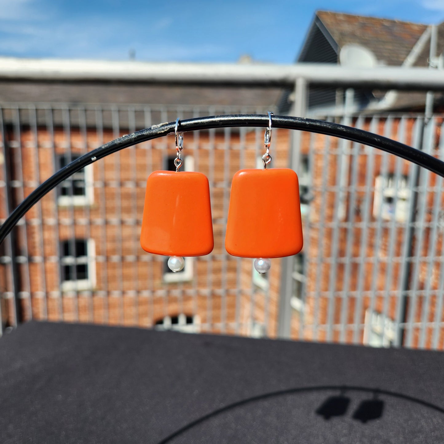 upcycled orange pearl silver huggie earrings