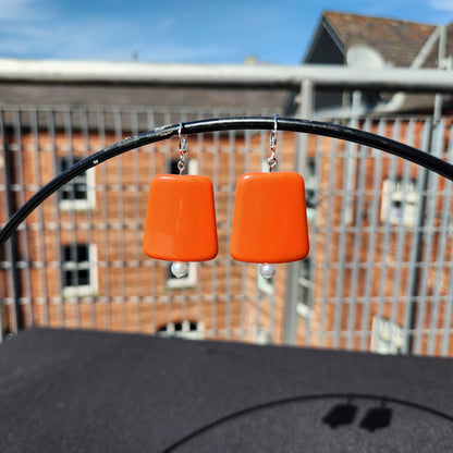 upcycled orange pearl silver huggie earrings