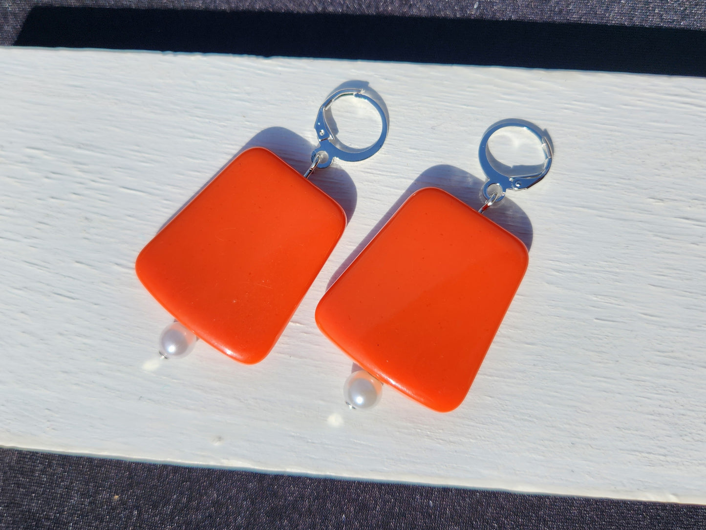 upcycled orange pearl silver huggie earrings