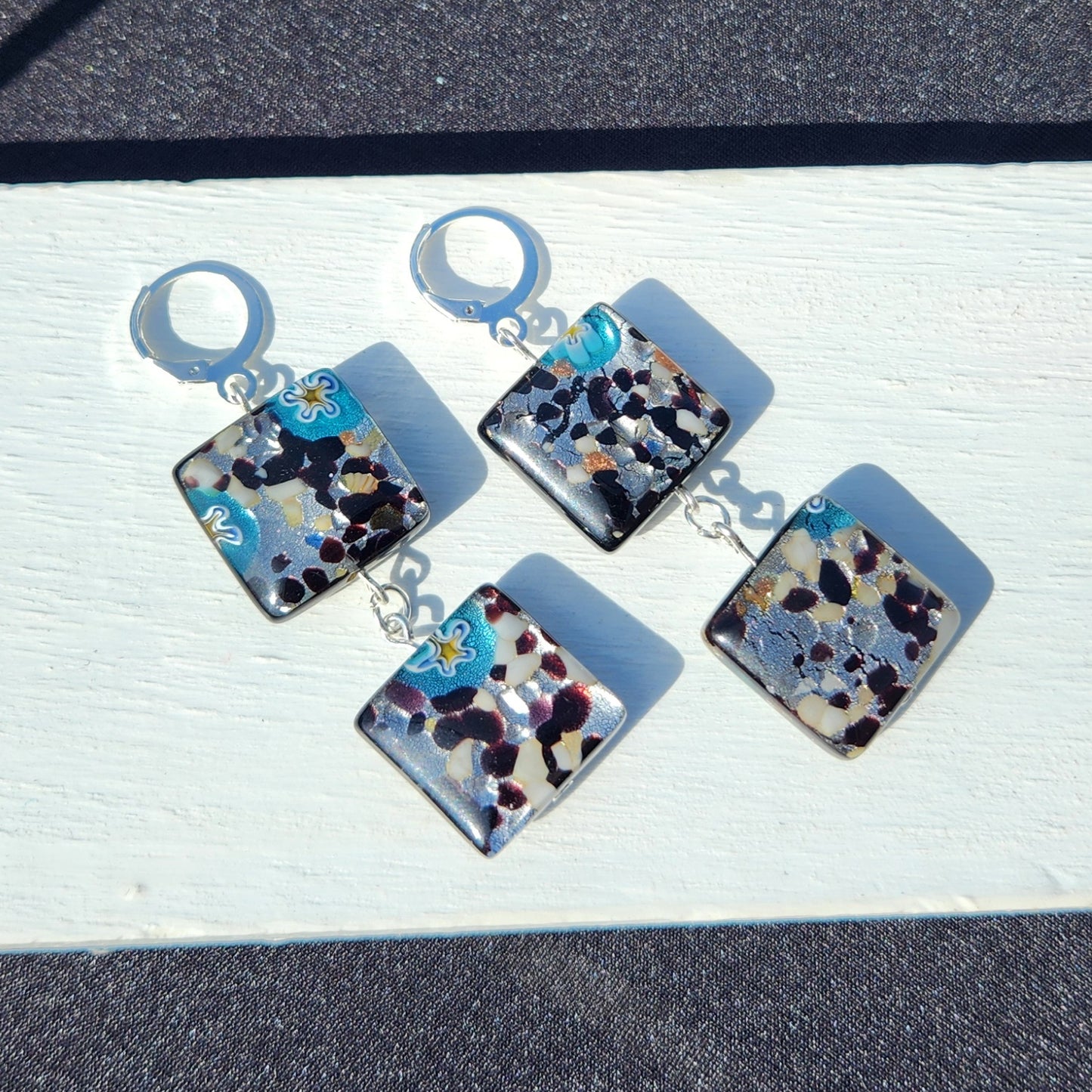 abstract square upcycled glass silver huggie earrings