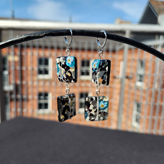 abstract square upcycled glass silver huggie earrings