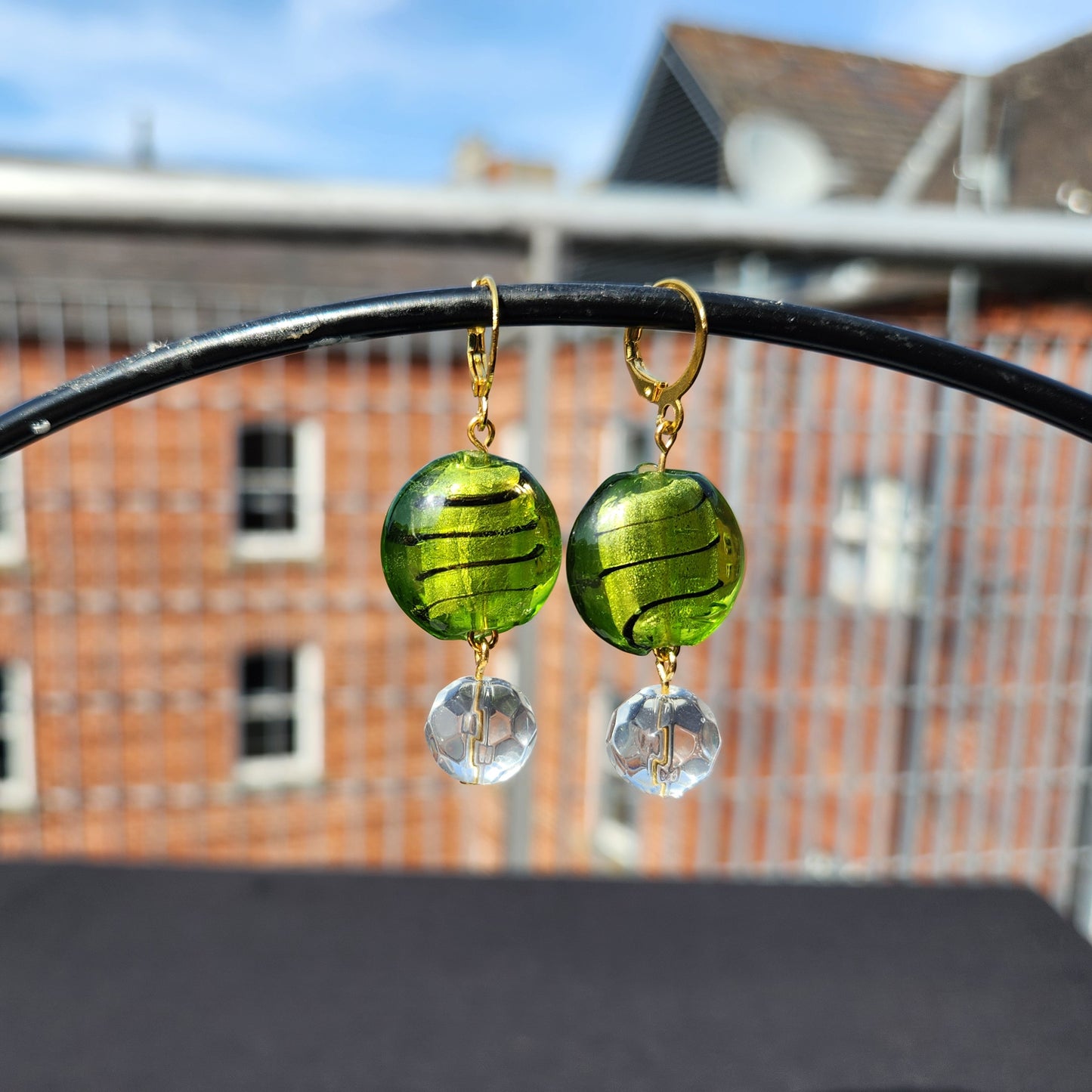 green upcycled glass gold huggie earrings