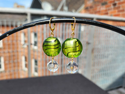 green upcycled glass gold huggie earrings