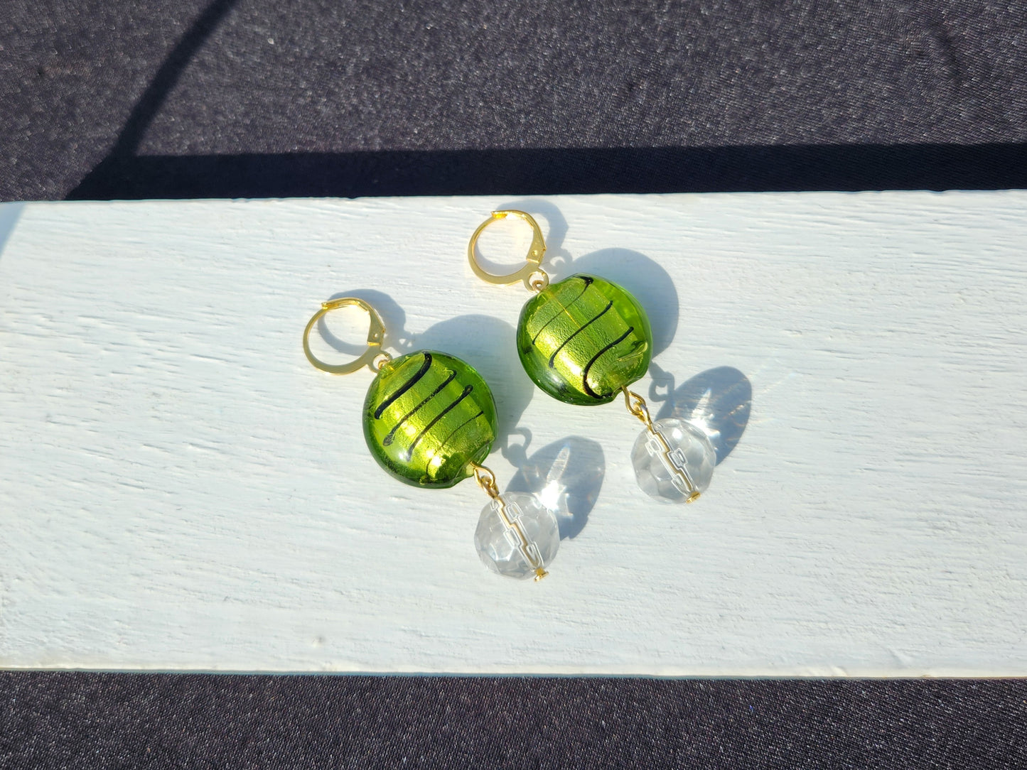 green upcycled glass gold huggie earrings