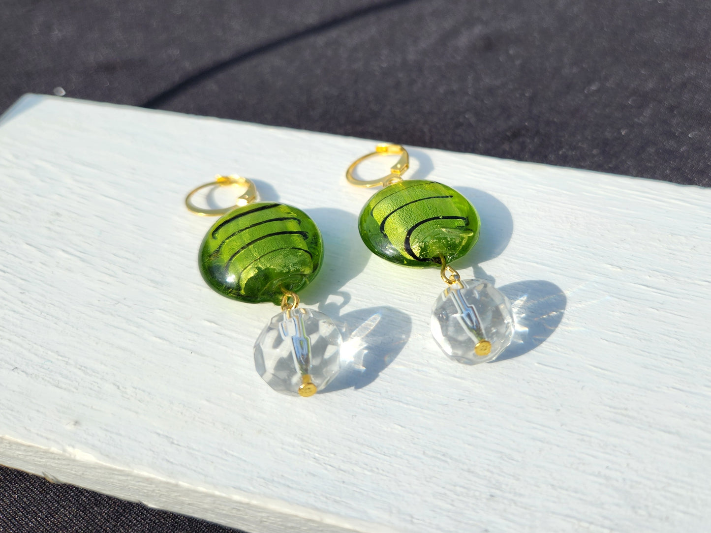 green upcycled glass gold huggie earrings