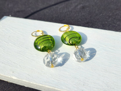 green upcycled glass gold huggie earrings