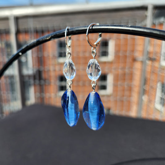 blue and clear upcycled glass silver huggie earrings