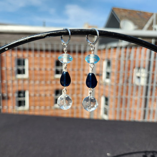 upcycled blue glass dangle silver huggie earrings