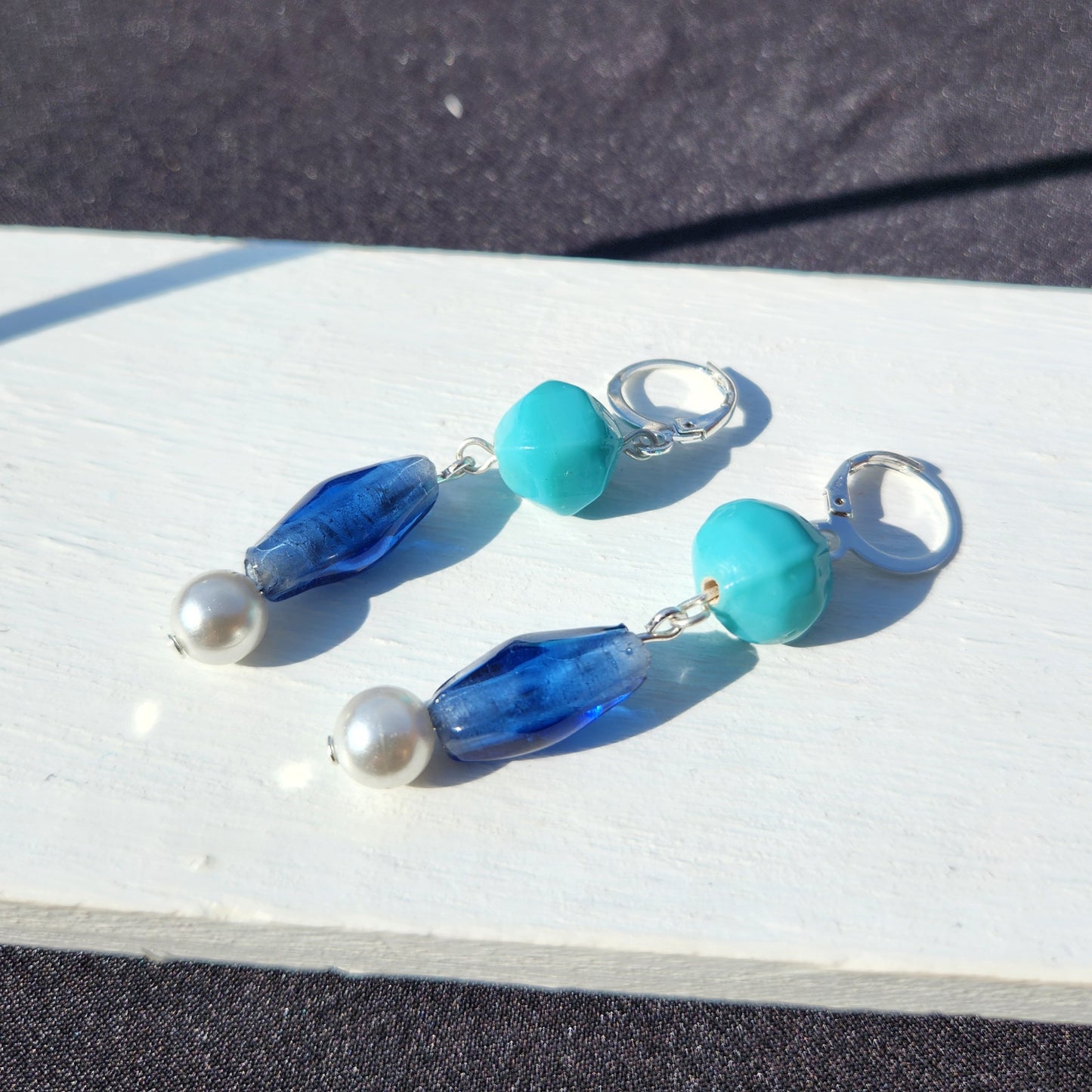 upcycled blue glass pearl silver huggie earrings