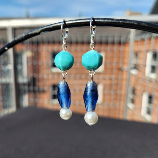 upcycled blue glass pearl silver huggie earrings