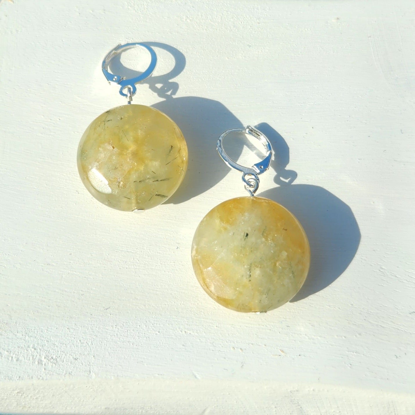 green rutilated quartz silver huggie earrings