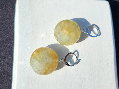 green rutilated quartz silver huggie earrings