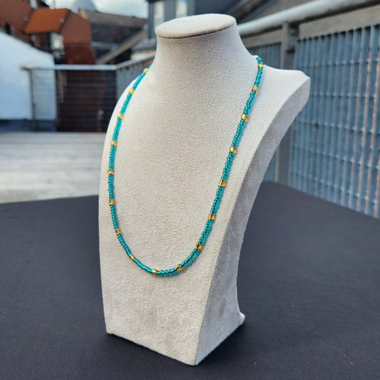 blue and gold glass beaded necklace