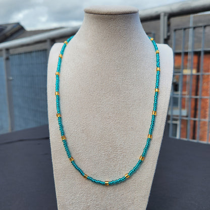 blue and gold glass beaded necklace