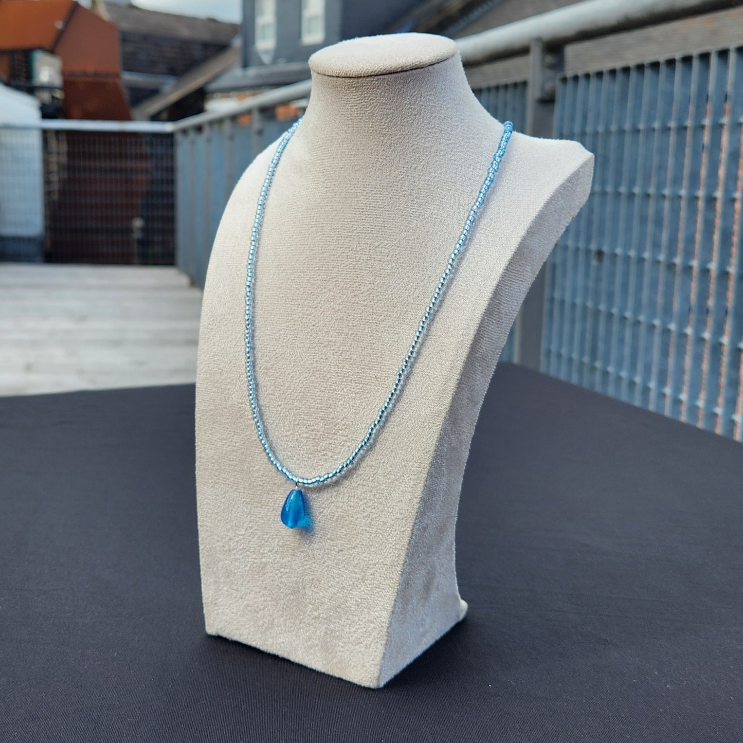 blue glass upcycled beaded necklace
