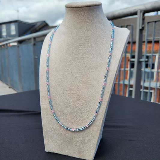 blue and pink glass beaded necklace