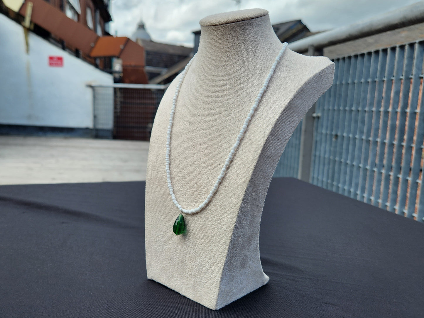 white and green upcycled glass beaded necklace
