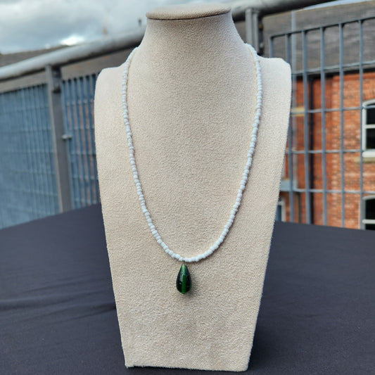 white and green upcycled glass beaded necklace