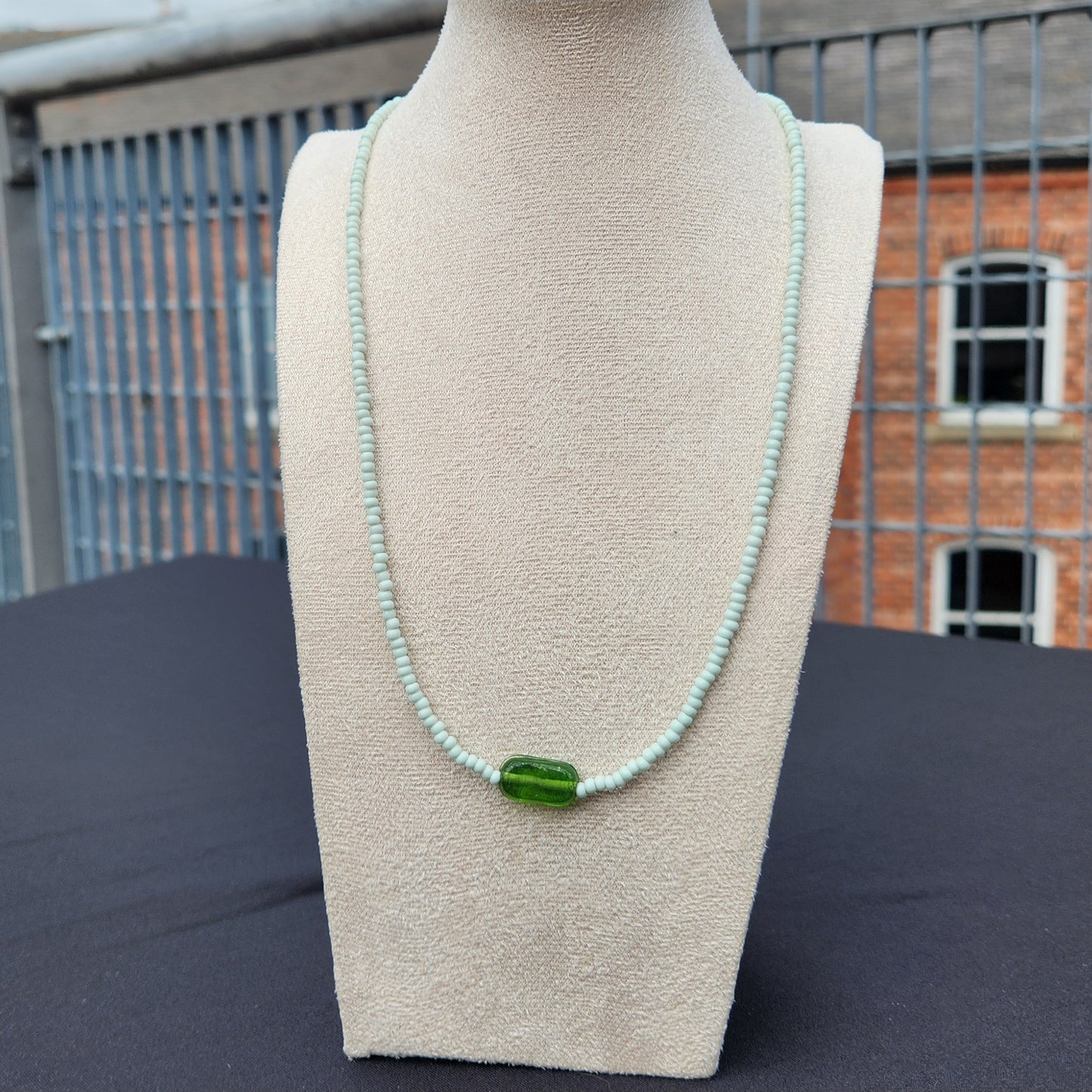 green glass upcycled beaded necklace