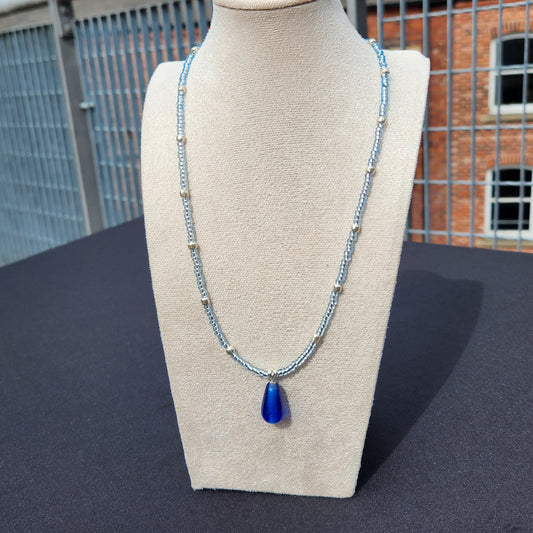 blue and silver upcycled glass beaded necklace