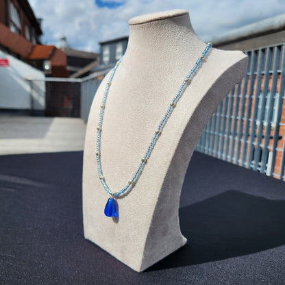 blue and silver upcycled glass beaded necklace