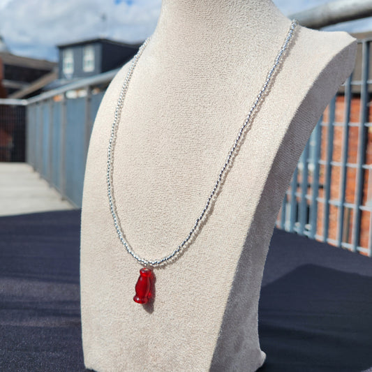 silver and red upcycled glass beaded necklace