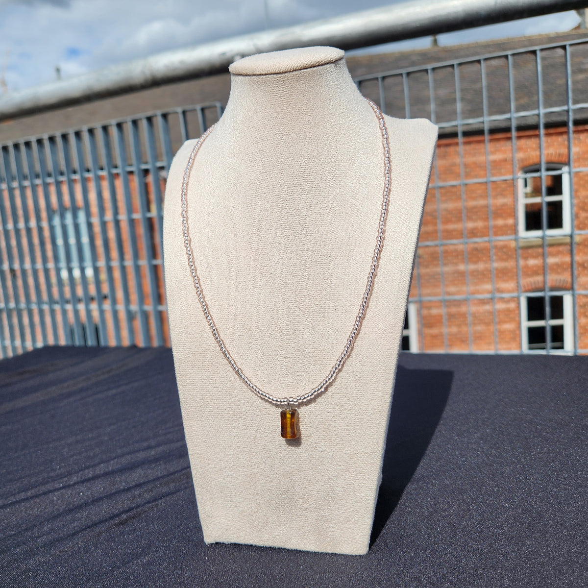 brown and pink upcycled glass bead necklace