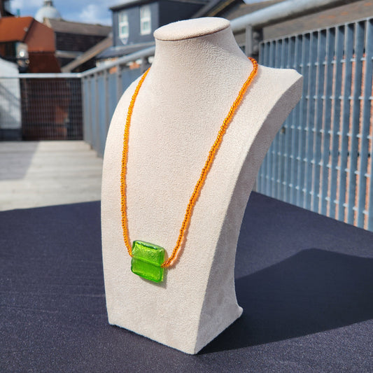 green and orange upcycled glass beaded necklace