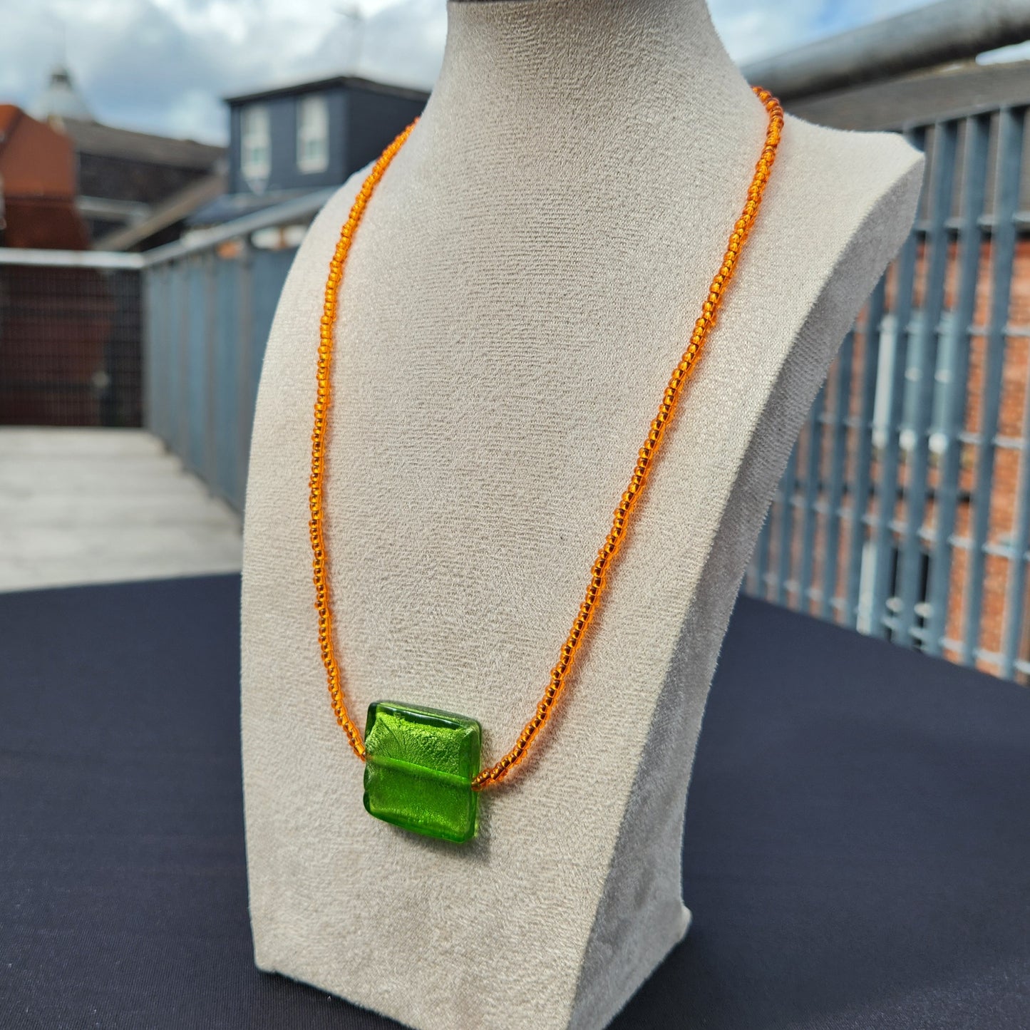 green and orange upcycled glass beaded necklace