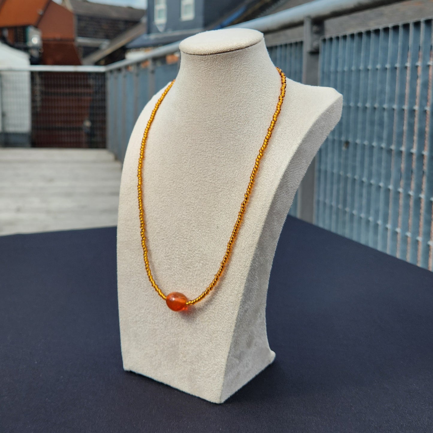 brown and orange upcycled glass beaded necklace