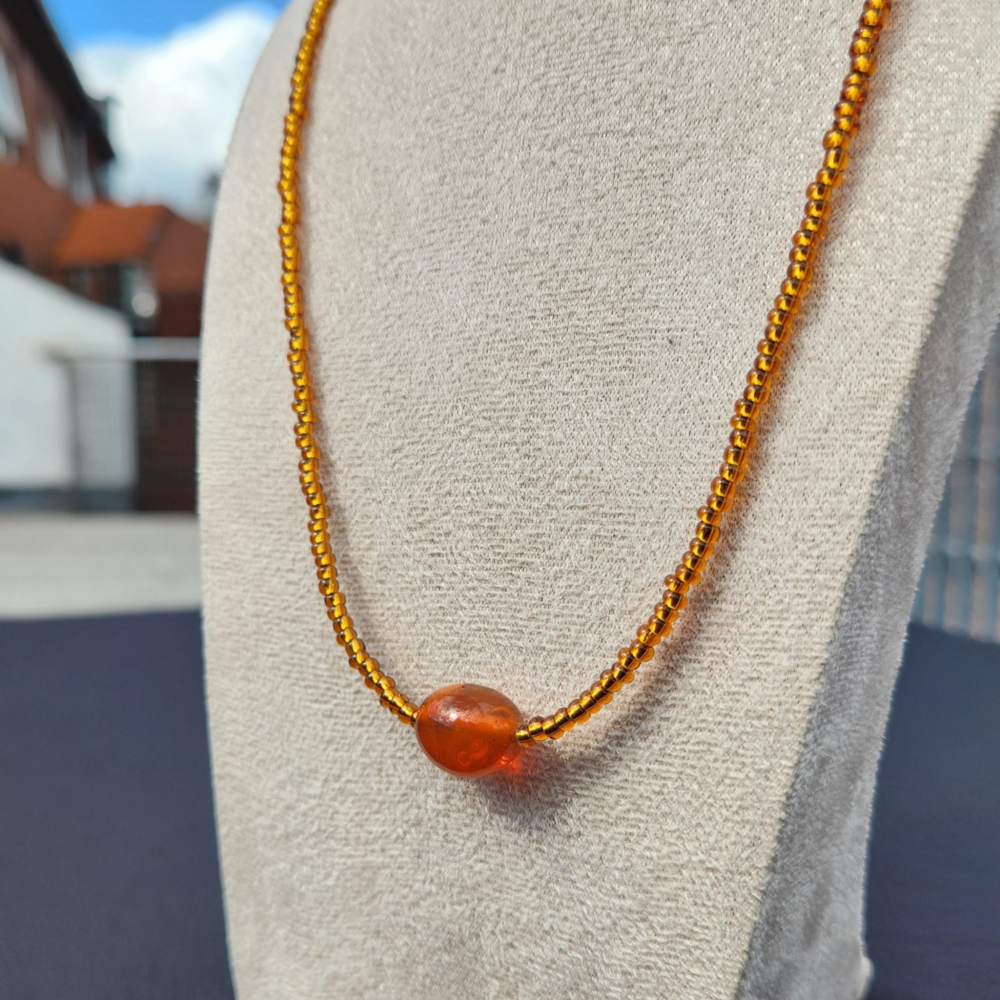 brown and orange upcycled glass beaded necklace