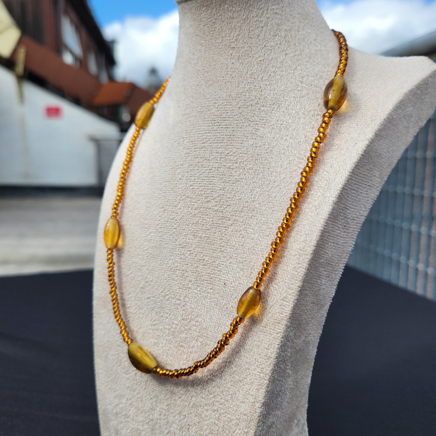 upcycled brown glass beaded necklace