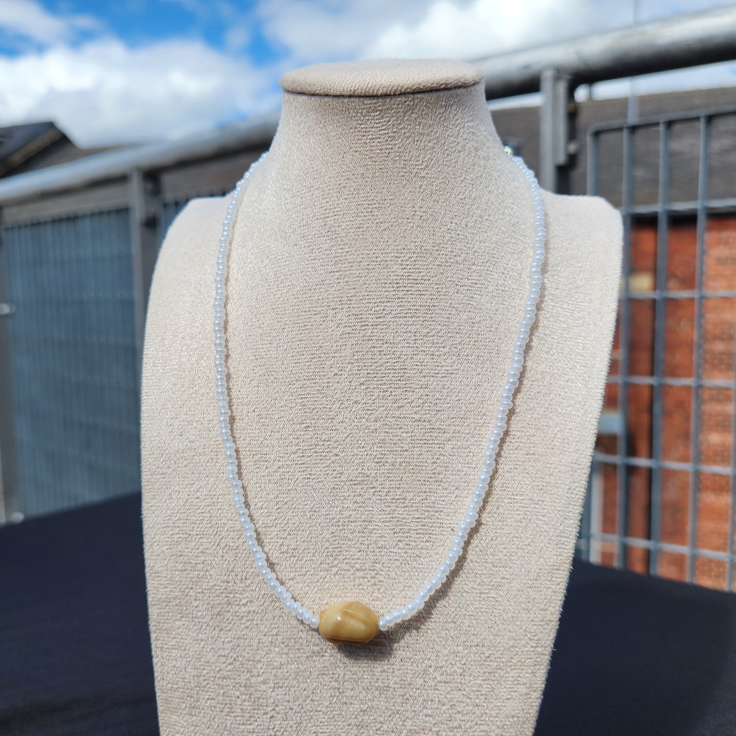 white and brown upcycled glass beaded necklaces